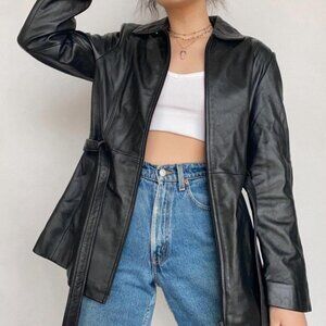 Frontier Leathers | Belted Collared Full Zip Leather Jacket in Black Size‎ Large